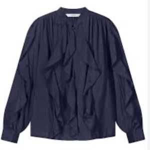 Summum Bohemian Ruffle Navy Blue Blouse Size 8 NWT